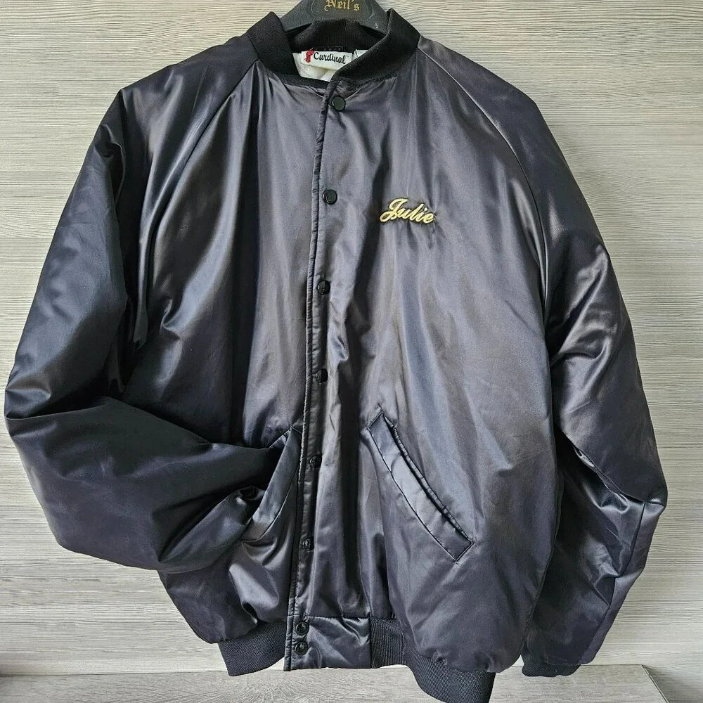Vintage 90s Black Satin Bomber Jacket Moto Goldwing Graphic NAME Cardinal XL - Picture 5 of 13
